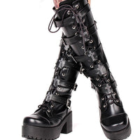 Cross Embroider Belt Buckle Stage Knee High Black Leather Platform Woman Punk Boots