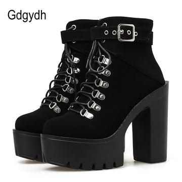 Gdgydh Lace Up Women Winter Platform Buckle Boot With Thick Heel and Ankle Strap