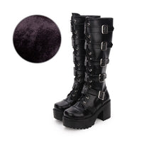 Cross Embroider Belt Buckle Stage Knee High Black Leather Platform Woman Punk Boots