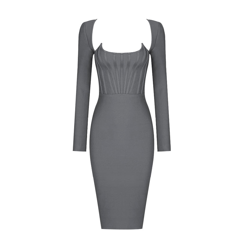 High Quality Black Grey Long Sleeve Bodycon Rayon Dress Elegant For Cocktail Party