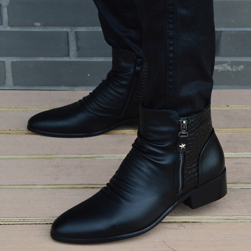 Fashion Ankle Boots Men High Top Leather Zip Suit Black Dress Boots