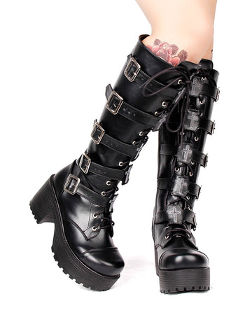 Cross Embroider Belt Buckle Stage Knee High Black Leather Platform Woman Punk Boots