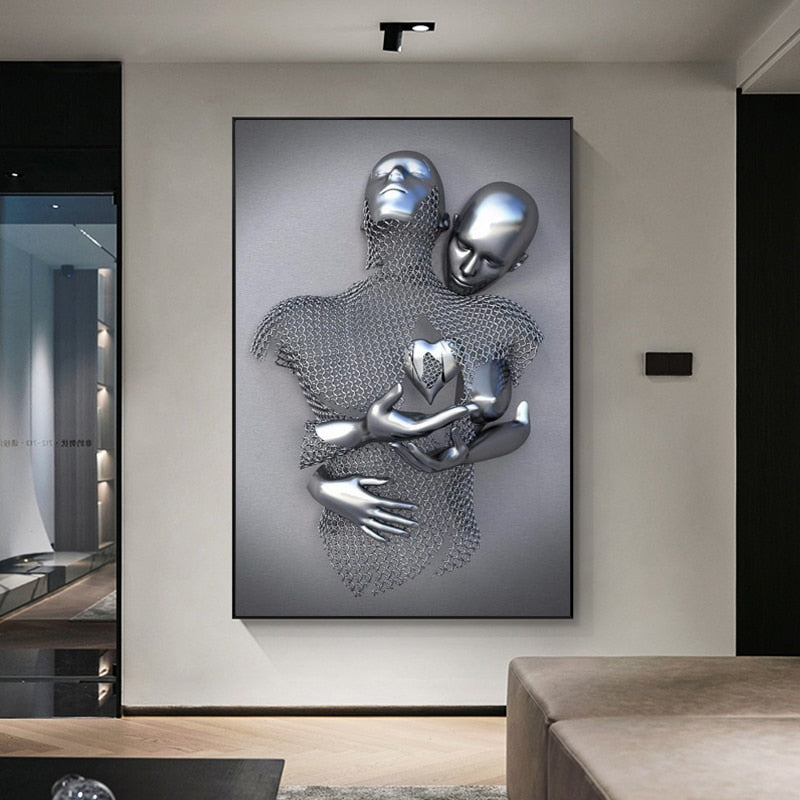 3D Love Heart Grey Art Painting on Canvas With Metal Figure Statue Art Prints