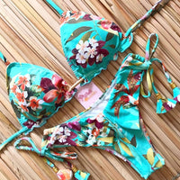 Women Sexy Floral Print Bandage Bikini Set with High Waist and Brazilian Thong Beachwear