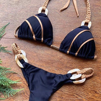 Black Bandeau Women Push Up Bikini with Sexy Thong Backless Swimwear