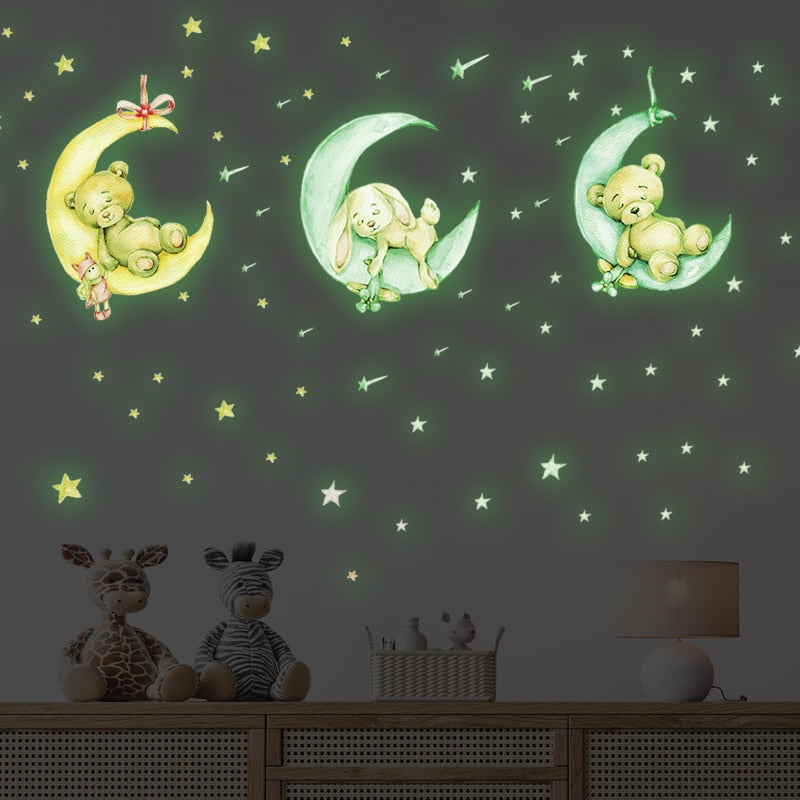 Tiny Cute Luminous Wall Stickers: Teddy Bear on the Moon Stars Glow in the Dark Wall Decals