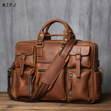 Retro Men's Cowhide Leather Handbag With Large Capacity For Travel And Work