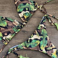 Women Sexy Floral Print Bandage Bikini Set with High Waist and Brazilian Thong Beachwear