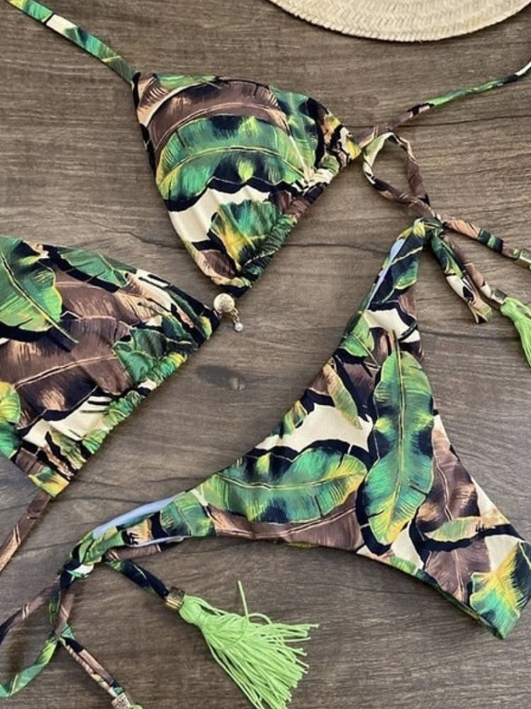 Women Sexy Floral Print Bandage Bikini Set with High Waist and Brazilian Thong Beachwear