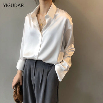 Autumn Silk Shirt Vintage Women Blouse With Long Sleeves, Loose Shirts, Tops