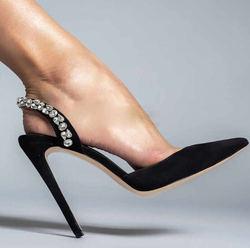 Summer Crystal High Heels Pointy Toe Back Strap Rhinestone Pumps