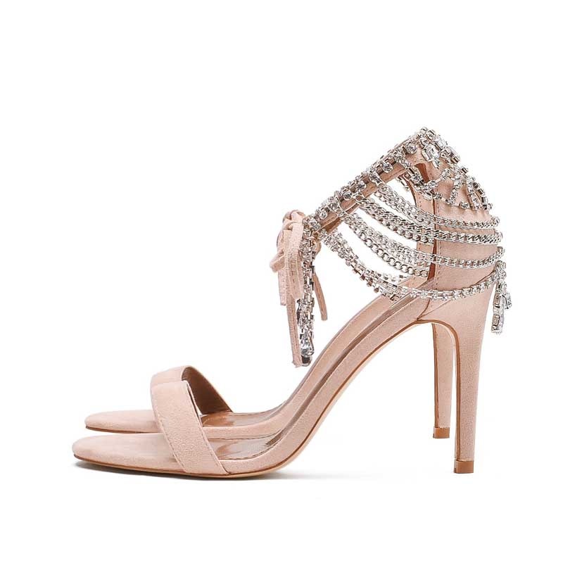 Women Chains Rhinestone Tassel High Heels With Open Toe and Lace-Up Fringed Crystals