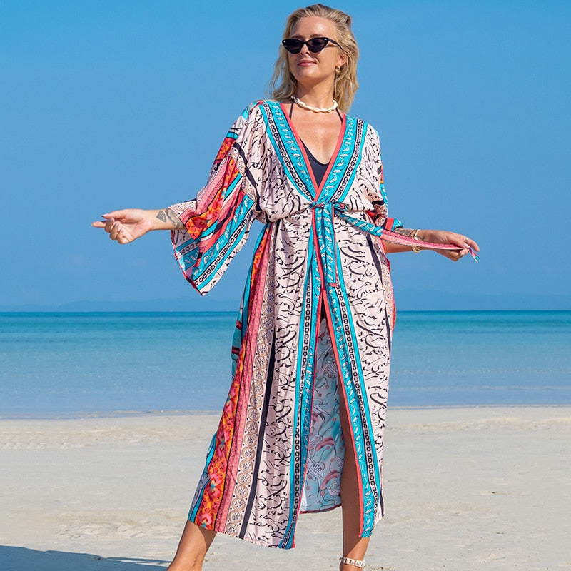 Printed Swimsuit Cover Up Kimono for Sea Boho Luxury Beach Outings or Holiday Bathing Suits