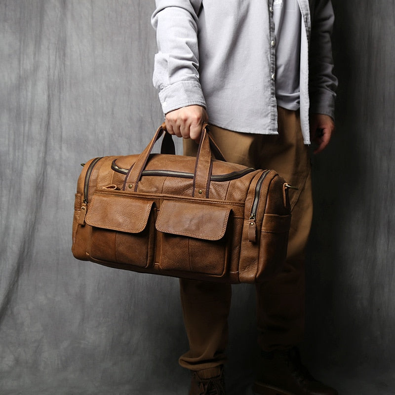 Men's Large Retro Cowhide Leather Duffle Luggage Bag