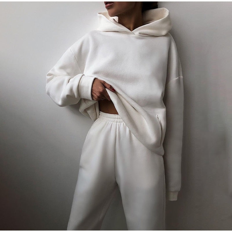 Women's Autumn Warm Hoodie Sweatshirts  Or Tracksuit Suit With Two Oversized Pieces Of Solid Casual Hoody Pullovers And Long Pants