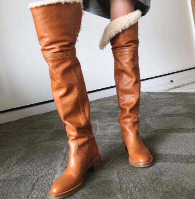 Winter Wool Fur Fold Over Top High Knee Camel Black Leather Boots