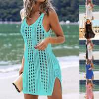 Sexy Summer Cutout Beach Tank Top Bikini Cover Up For Ladies with Sleeveless V-Neck Mid Length Knitted Beach Dress