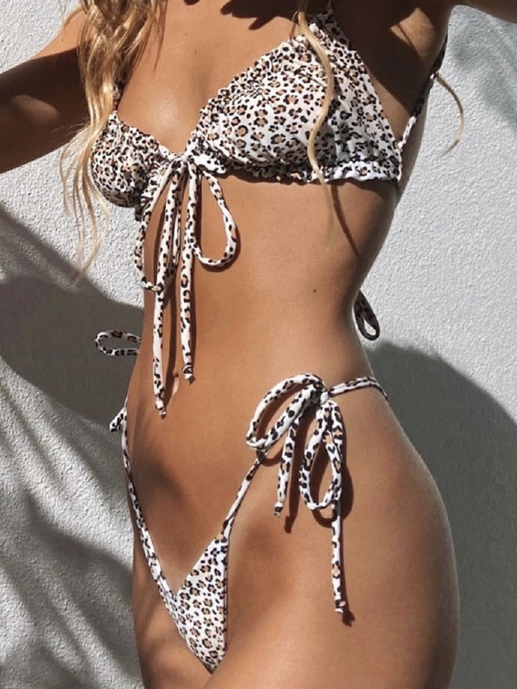 Two-Piece Low Waist Triangle Female Swimwear or Print Bikini Set