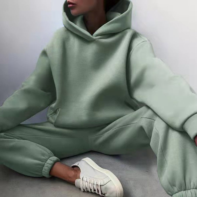 Women's Autumn Warm Hoodie Sweatshirts  Or Tracksuit Suit With Two Oversized Pieces Of Solid Casual Hoody Pullovers And Long Pants