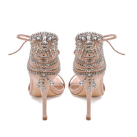 Women Chains Rhinestone Tassel High Heels With Open Toe and Lace-Up Fringed Crystals