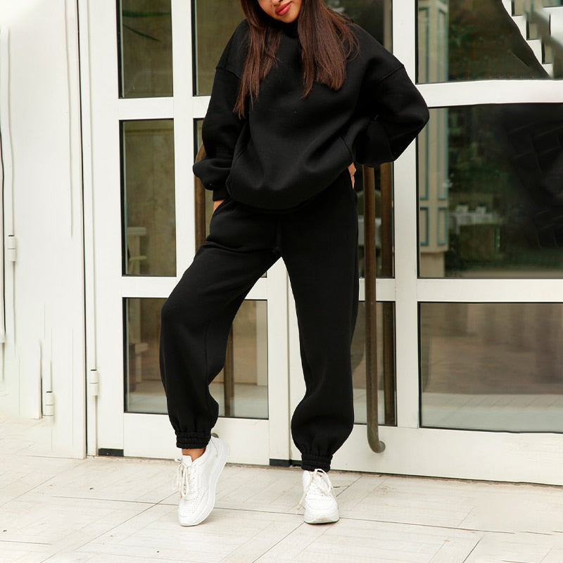 Women's Autumn Warm Hoodie Sweatshirts  Or Tracksuit Suit With Two Oversized Pieces Of Solid Casual Hoody Pullovers And Long Pants