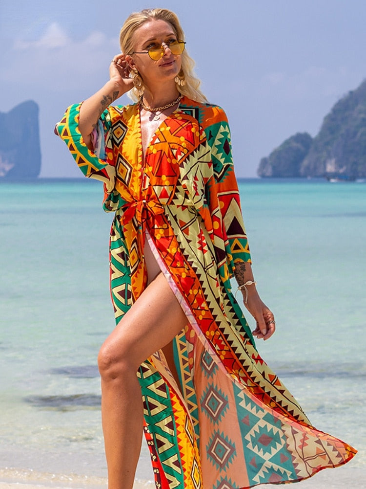 Printed Swimsuit Cover Up Kimono for Sea Boho Luxury Beach Outings or Holiday Bathing Suits