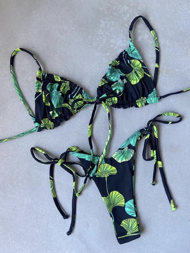 Two-Piece Low Waist Triangle Female Swimwear or Print Bikini Set