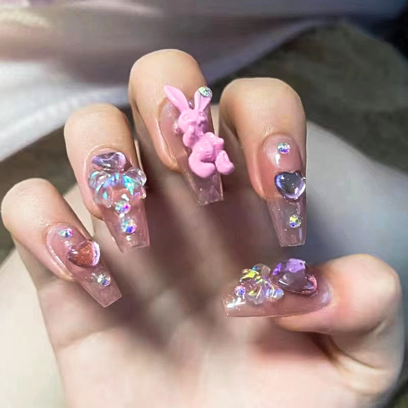 24pcs Reusable French Long Tips Kawaii Press On Rhinestone Acrylic Artificial Set Nails