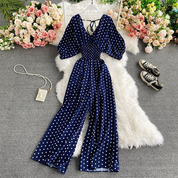 V-Neck Sexy Women Dolman Sleeves Waist Slim Polka Dot Jumpsuit