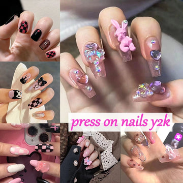 24pcs Reusable French Long Tips Kawaii Press On Rhinestone Acrylic Artificial Set Nails