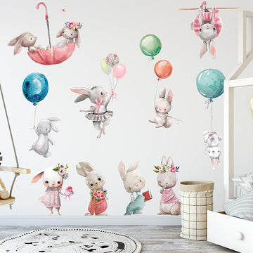 Watercolor Cartoon Bunny Wall Stickers Baby Nursery Wall Decals for Kids Room