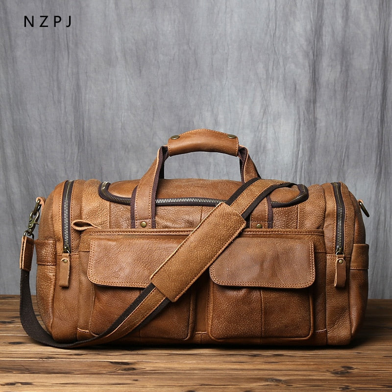 Men's Large Retro Cowhide Leather Duffle Luggage Bag