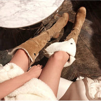 Winter Wool Fur Plush Inside Over Knee Boots Woman Camel Black Suede Leather Boots