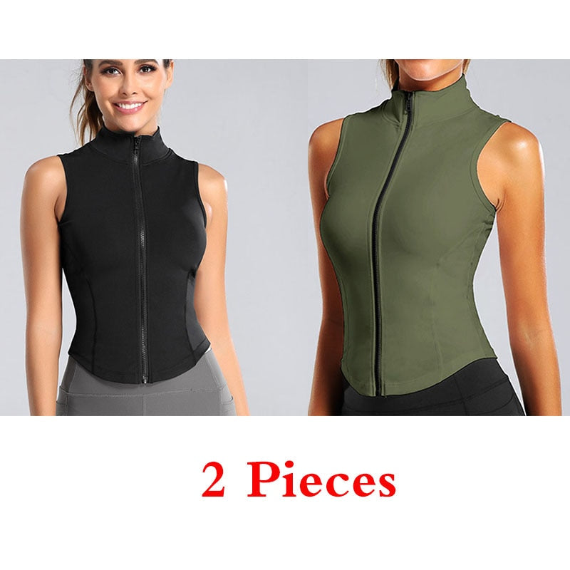 Athletic Zip Up Sweat Sleeveless Running Yoga Vest With High Neck Top As Sport Fitness Women Outfit