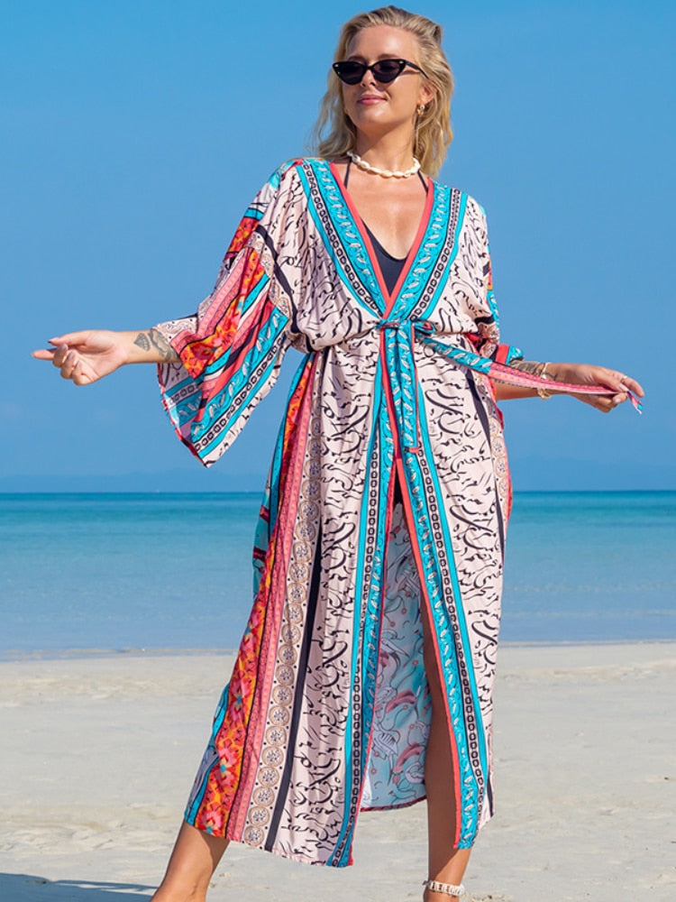 Printed Swimsuit Cover Up Kimono for Sea Boho Luxury Beach Outings or Holiday Bathing Suits