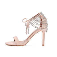 Women Chains Rhinestone Tassel High Heels With Open Toe and Lace-Up Fringed Crystals