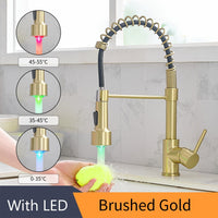 Kitchen Brush Brass Faucets For Kitchen Sink With Single Lever Pull Out Spring Spout