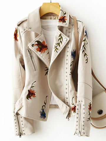 FTLZZ New Women Retro Floral Print Embroidery Faux Soft Synthetic Leather Jacket