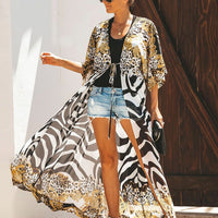 Women Bikini Cover Up Chiffon Beach Kimono With Leopard Printed Long Cape For Summer Beachwear