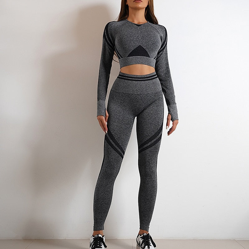 Seamless Yoga Sports Fitness Set With High Waist Pants And Long-Sleeve Backless Suits For Gym Workout Clothes