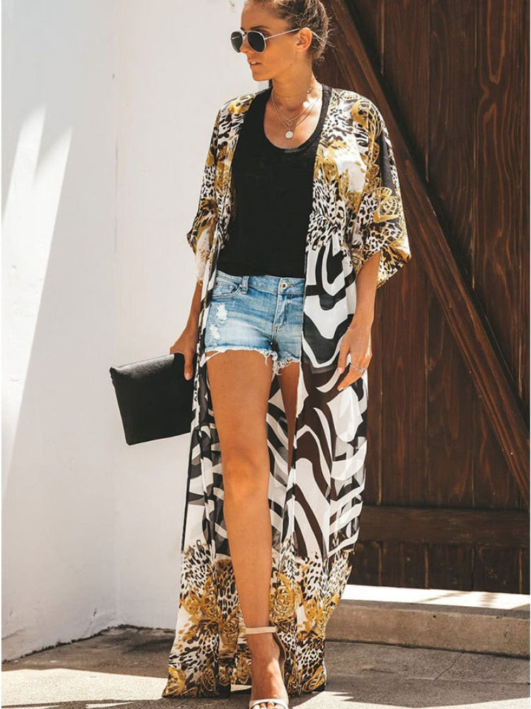 Women Bikini Cover Up Chiffon Beach Kimono With Leopard Printed Long Cape For Summer Beachwear