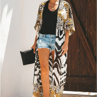 Women Bikini Cover Up Chiffon Beach Kimono With Leopard Printed Long Cape For Summer Beachwear