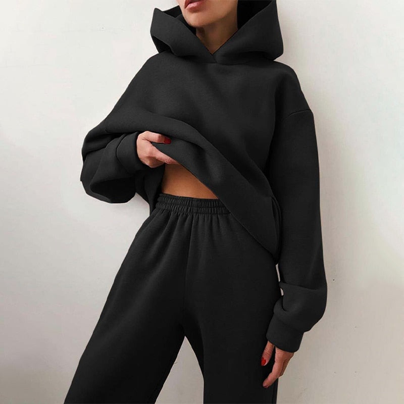 Women's Autumn Warm Hoodie Sweatshirts  Or Tracksuit Suit With Two Oversized Pieces Of Solid Casual Hoody Pullovers And Long Pants