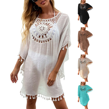 Women's Short Sleeve Tassel Bikini Cover-ups Solid Crochet Pattern Beachwear