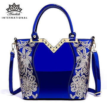 Women Luxury High Quality Patent Leather Flower Embroidery Diamond Tote Shoulder Handbag