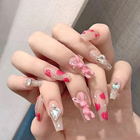 24pcs Reusable French Long Tips Kawaii Press On Rhinestone Acrylic Artificial Set Nails