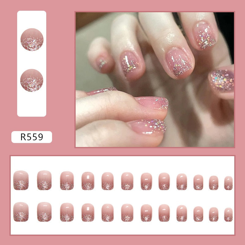 24pcs French Press On Nails Short Art Nail Tips  Full Cover Artificial Pink Wearable Clear Tips