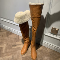 Winter Wool Fur Fold Over Top High Knee Camel Black Leather Boots