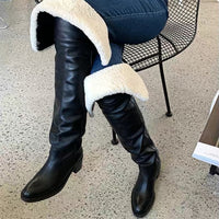 Winter Wool Fur Fold Over Top High Knee Camel Black Leather Boots