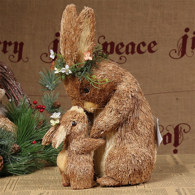 Easter Creative Mother and Child Rabbit Decoration with Cute Flower Straw